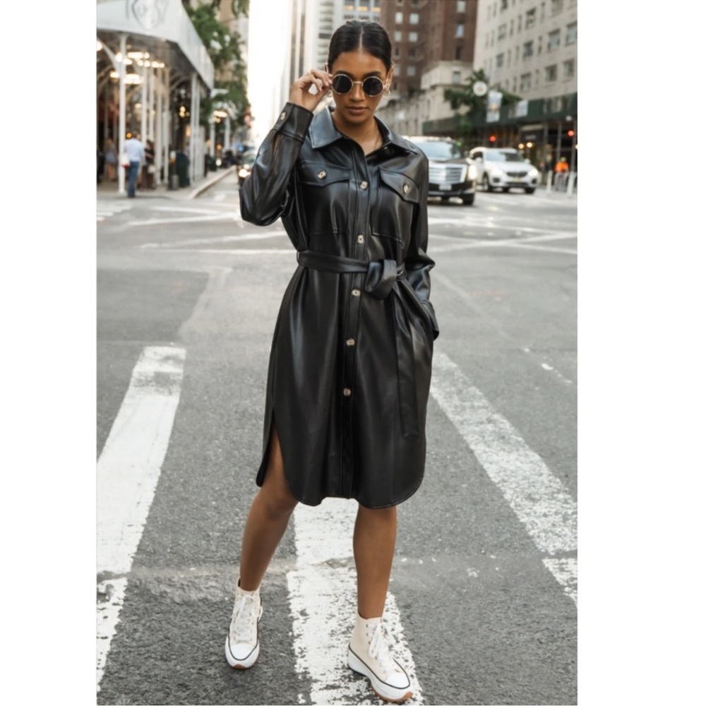 Bohme Black Faux Leather Belted Midi Dress/Jacket